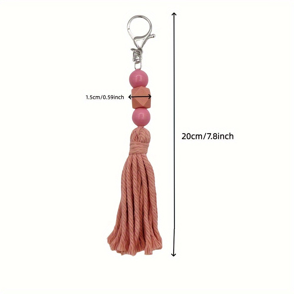 Handcrafted Cotton Tassel Keychain, Boho Chic Pastel Wooden Bead Pendant, Multicolor Bag Accessory, Rustic Charm For Purses & Clothing