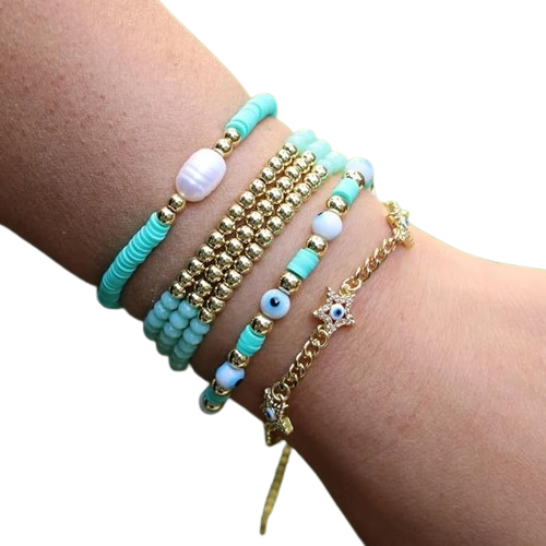 Hemasa Turkish CZ Star Eye Crystal Beaded Blue Polymer Clay Strand Stackable  Bracelet