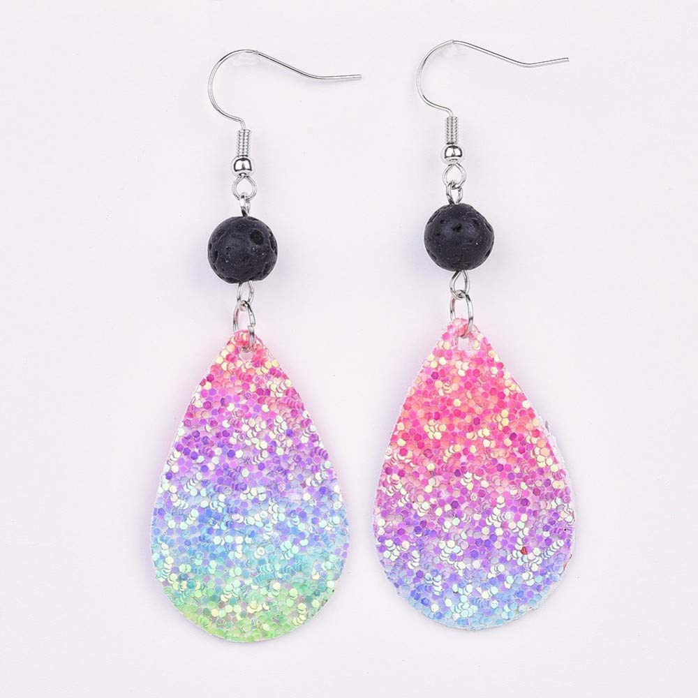 Leather Sequins Dangle Earring with Natural Lava Beads