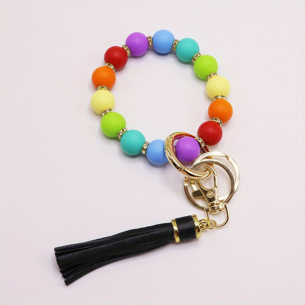 Chic Sunflower Silicone Bead Bracelet with Rhinestone Accents, Tassel Charm & Keychain - Fashionable Women's Accessory