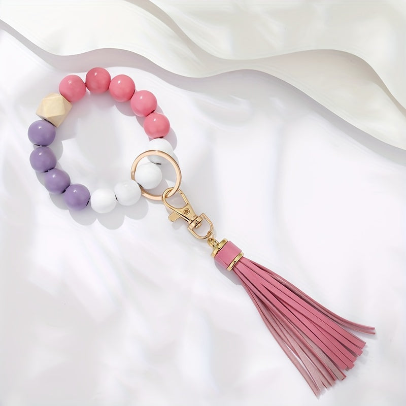 1pc Tassel Decor Beaded Bracelet Keychain Boho Key Ring Purse Handbag Car Charm Earphone Rainbow Pendant, Gift For Mother's Day
