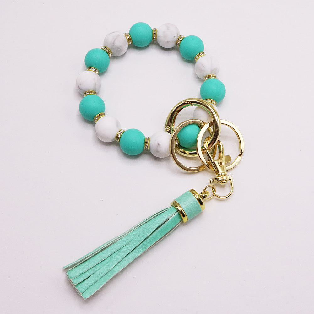 Chic Sunflower Silicone Bead Bracelet with Rhinestone Accents, Tassel Charm & Keychain - Fashionable Women's Accessory