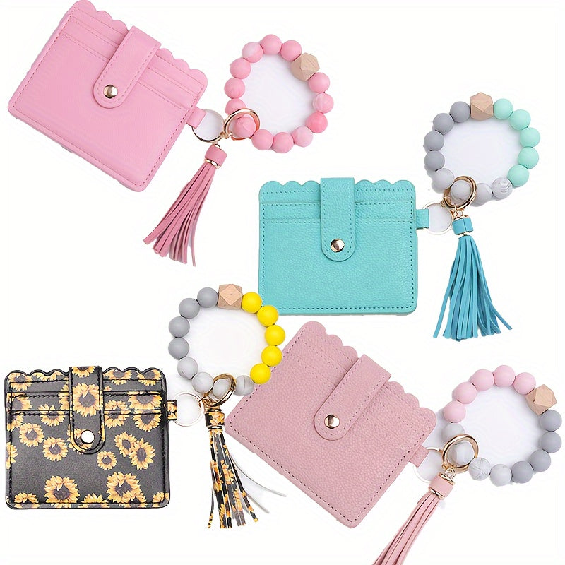 Hemasa Silicone Beaded Bracelet Wristlet Keychain With PU Leather Wallet Card Holder  /Bag Charm/ Phone Lanyard