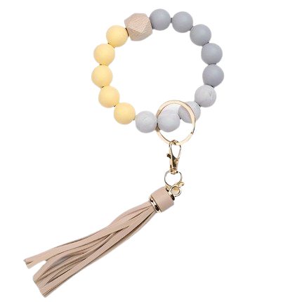 Hemasa   Silicone Bead Keychains With Tassel Charm, Stretchable Colorful Beaded Wristband Key Ring, Universal Fashion Accessory