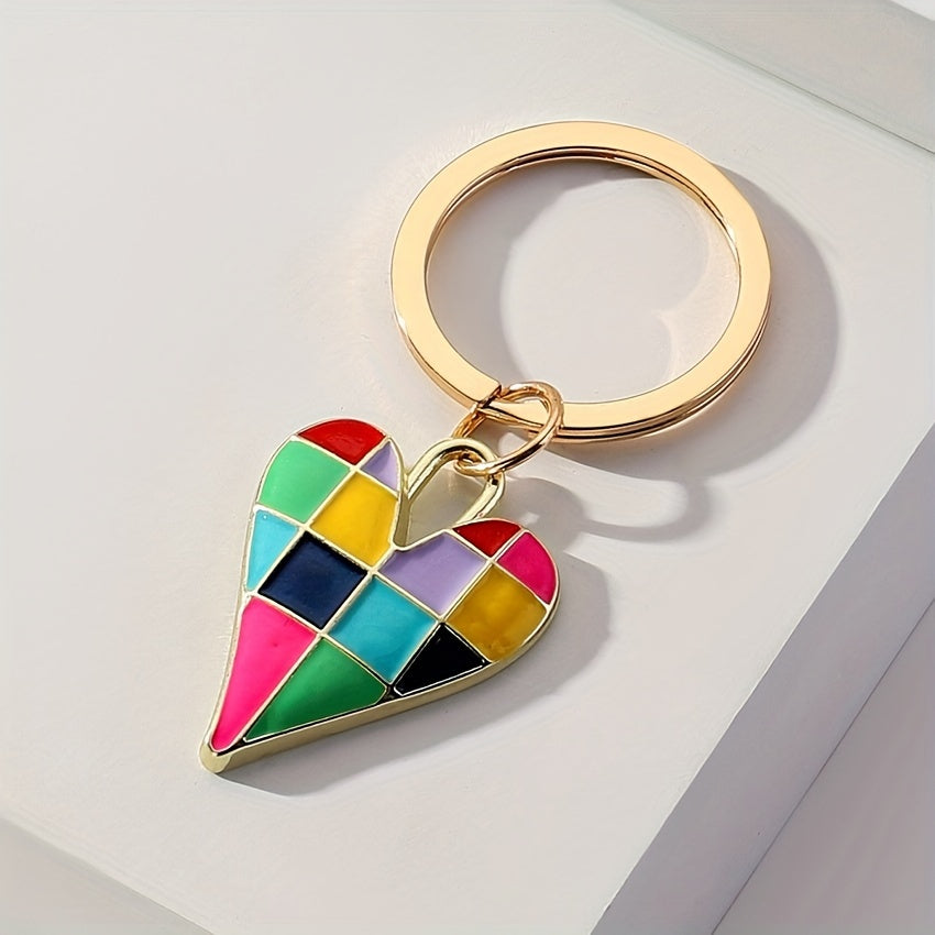 1pc Checkered Heart Shaped Keychain Colorful Alloy Key Chain Ring Bag Backpack Charm Car Key Pendant Gift