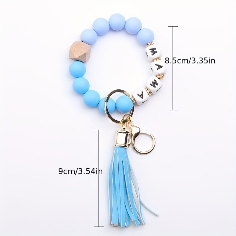 Hemasa MAMA Silicone Beaded Bracelet Keychain Tassel Key Ring/ Purse Bag/ Backpack Car Charm