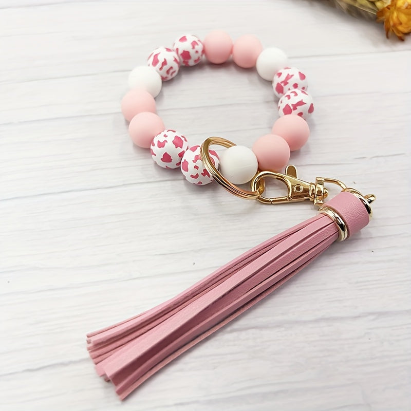 Cow Pattern Silicone Wooden Beaded Wristlet Keychain With PU Leather Tassel Wester Fashion Bangle Keychain Bag Charm Phone Lanyard Mother's Day Gift