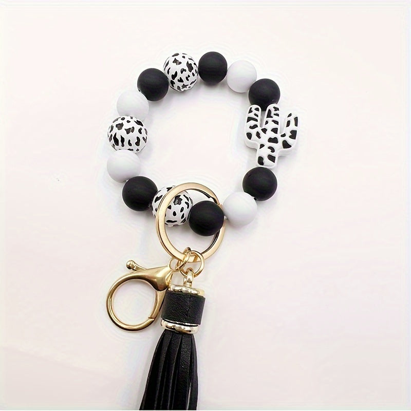 Chic Cactus-Themed Silicone Beaded Keychain with Tassel - Cartoon & Plant Design, Lobster Clasp Charm for Women, Cactus Decor