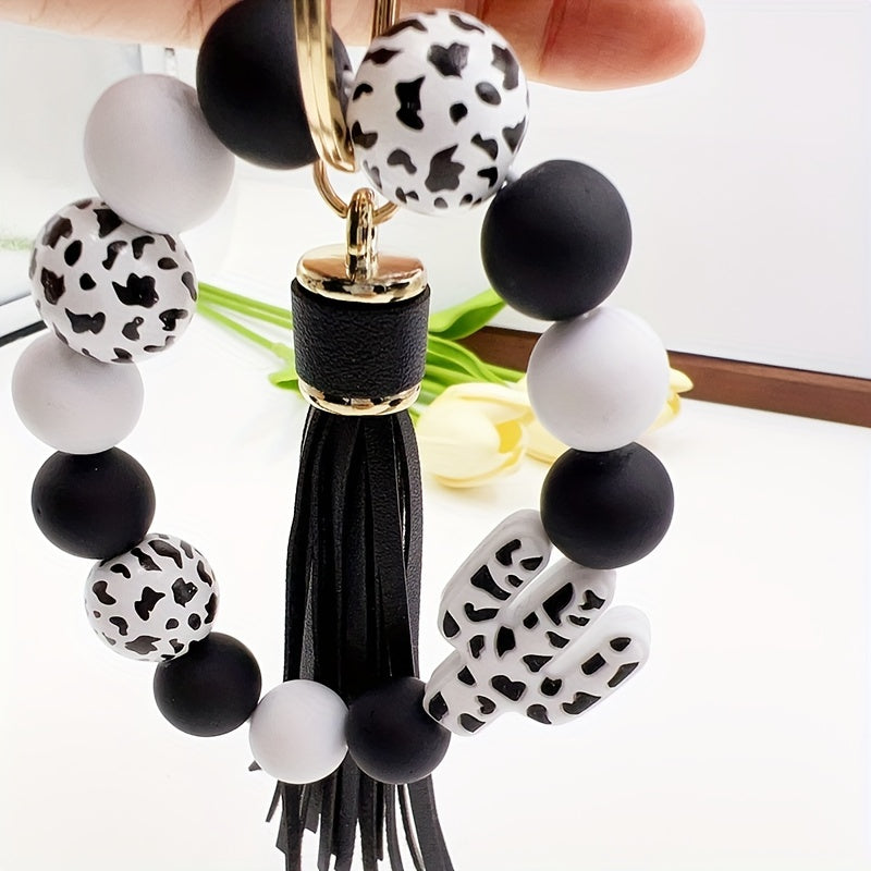 Chic Cactus-Themed Silicone Beaded Keychain with Tassel - Cartoon & Plant Design, Lobster Clasp Charm for Women, Cactus Decor