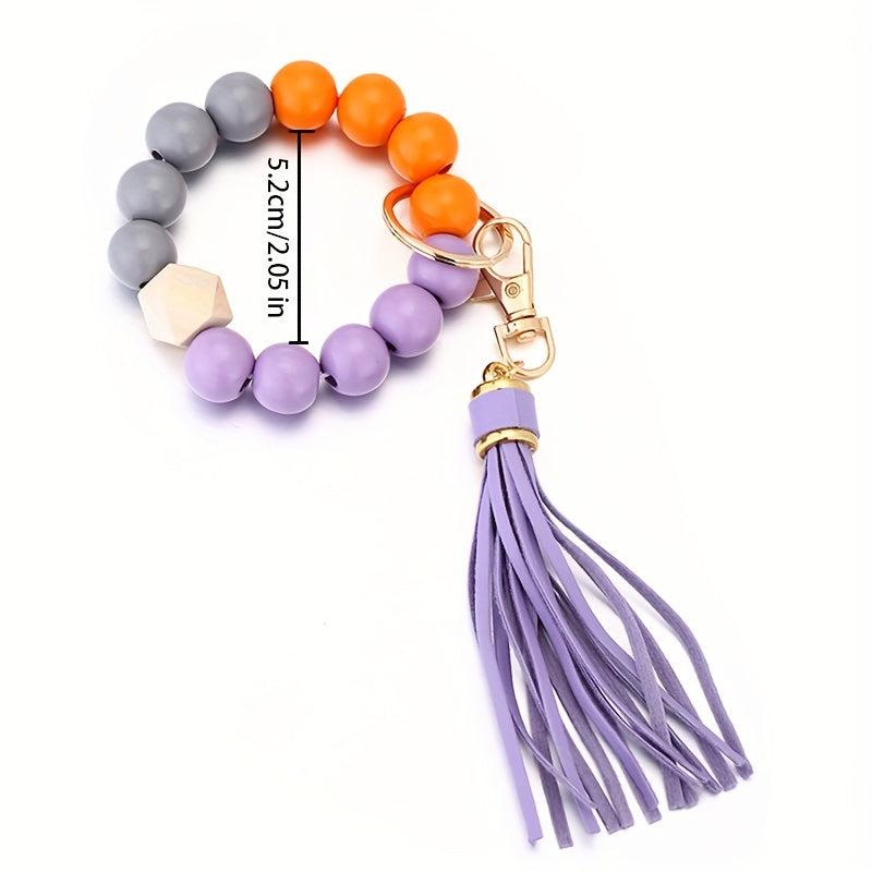 1pc Tassel Decor Beaded Bracelet Keychain Boho Key Ring Purse Handbag Car Charm Earphone Rainbow Pendant, Gift For Mother's Day