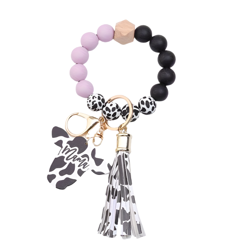 Hemasa Cow Head MAMA Silicone Beaded Bracelet Wristlet Keychain With Western Bangle Keychain
