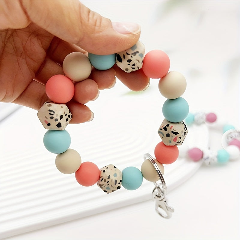 1pc Simple Camouflage Octagonal Silicone Beaded Keychain Bag Key Anti Lost Pendant For Friends