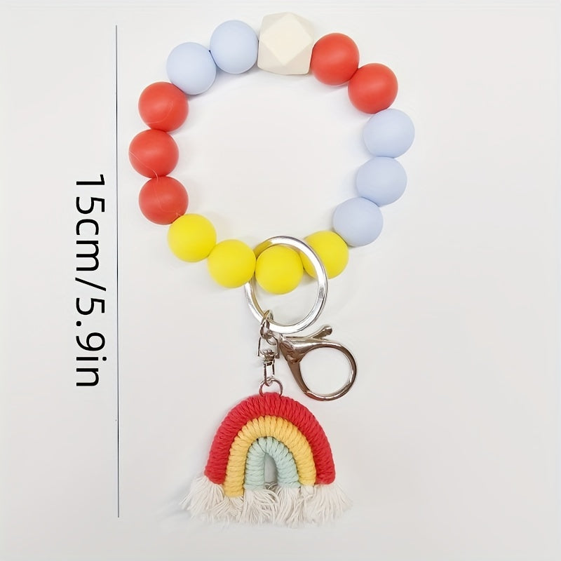 Hemasa 5pcs Silicone Beaded Keychain Set With Rainbow Tassel Charm