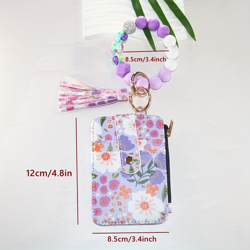 Hemasa Leather Key Chain, Floral Fringe Card Bag Anti-loss Key Chain Pendant