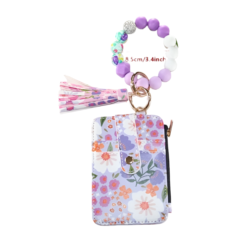 Hemasa Leather Key Chain, Floral Fringe Card Bag Anti-loss Key Chain Pendant