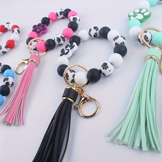 Paw Print Beaded Keychains With Tassel, Dog Lover Charm Key Ring, Fashionable Simple Pet Paw Hand Bag Car Accessory, Assorted Colors