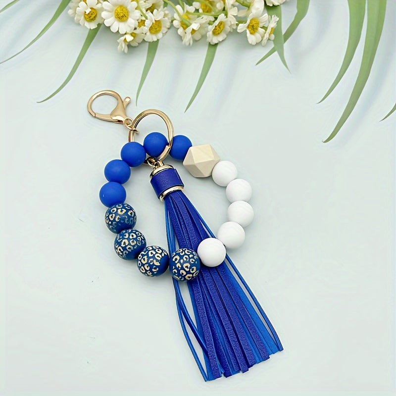 Leopard Silicone Beaded Bracelet Wristlet Keychain Fashion Bangle Key Chain Bag Charm Phone Lanyard Earbud Case Cover Accessories Women Female Gift