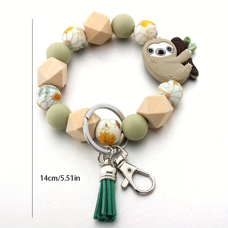 Cartoon Sloth Silicone Keychain with Beaded Tassel - Round Shape, Musical & Festival Themed Keyring, DIY Key Holder Accessory, Single Piece, Lobster Clasp Closure for Bag Decoration, Ideal Birthday Gift