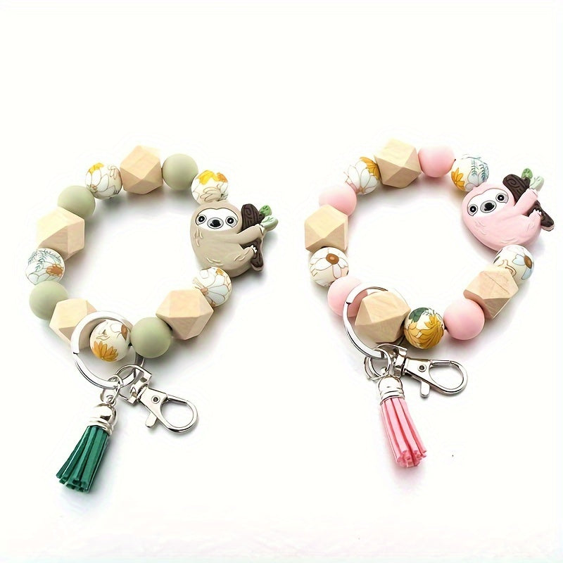 Cartoon Sloth Silicone Keychain with Beaded Tassel - Round Shape, Musical & Festival Themed Keyring, DIY Key Holder Accessory, Single Piece, Lobster Clasp Closure for Bag Decoration, Ideal Birthday Gift