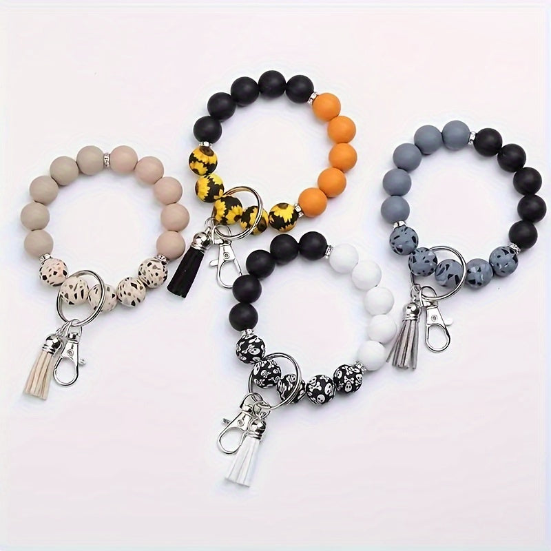 Fashionable Creative Silicone Bead Bracelet With Tassel Wooden Beads Wrist Keychain Bag Pendant Key Ring