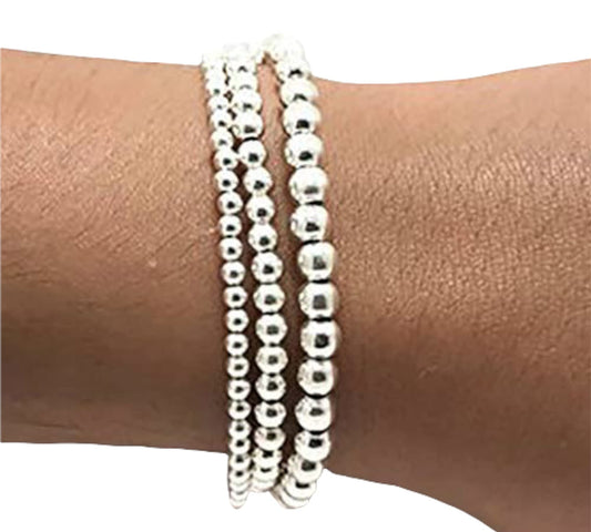 Silver Colour Round Beads Stretchable Bracelets(Set of 3)