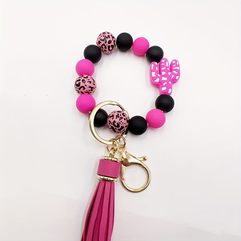 Chic Cactus-Themed Silicone Beaded Keychain with Tassel - Cartoon & Plant Design, Lobster Clasp Charm for Women, Cactus Decor
