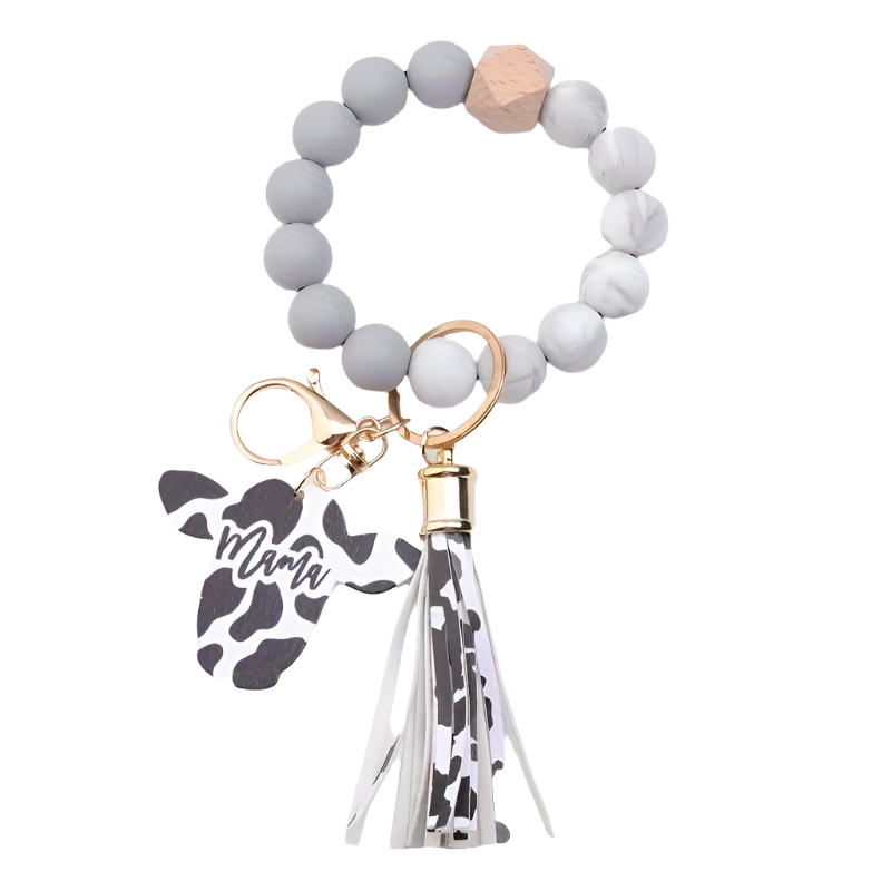 Hemasa Cow Head MAMA Silicone Beaded Bracelet Wristlet Keychain With Western Bangle Keychain