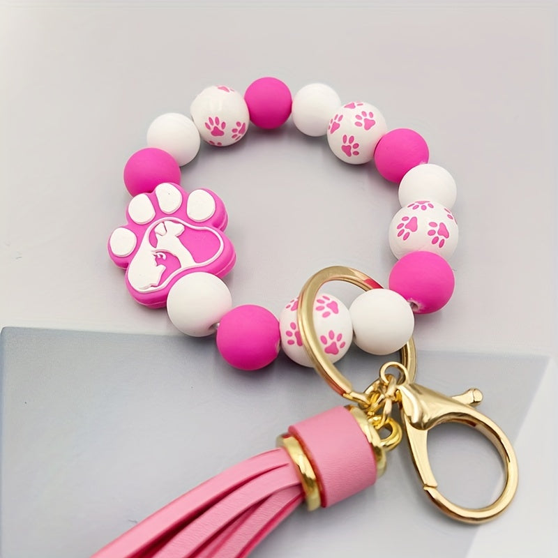 1pc Silicone Dog Footprint Keychain Color Block Beaded Bracelet Keyring Cute Wristlet Tassel Car Key Ring For Women daily use