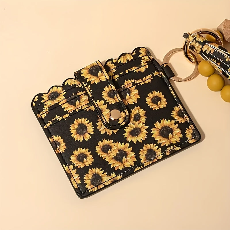 Sunflower PU Tassel Keychain Card Holder Silicone Beaded Bracelet Key Ring - Perfect Gift for Birthdays and Holidays.