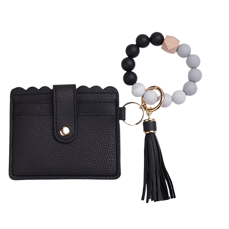 Hemasa Silicone Beaded Bracelet Wristlet Keychain With PU Leather Wallet Card Holder  /Bag Charm/ Phone Lanyard