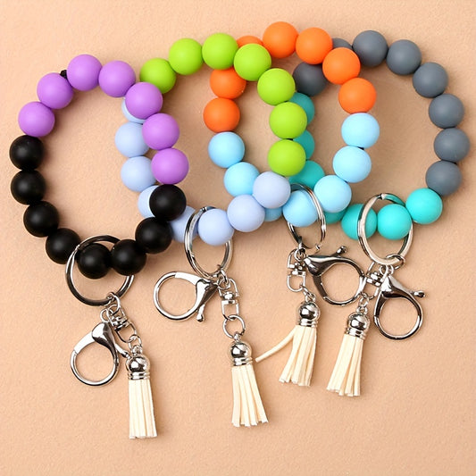 1pc Elastic Keychain Bracelet Wristband, Fashionable Silicone Beaded Keychain Bracelet, Tassel Keychain Bracelet Beaded Wristband Keychain Portable Home Car Key Ring Holder