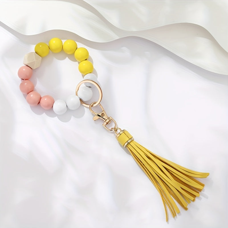 1pc Tassel Decor Beaded Bracelet Keychain Boho Key Ring Purse Handbag Car Charm Earphone Rainbow Pendant, Gift For Mother's Day