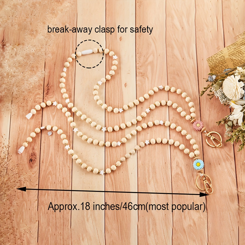 Daisy Flower Beaded Lanyard for ID Badge Holder, Crude Wood Bead Lanyard with Breakaway Clasp, Teacher Keychain, Nurse Gift, Graduation Present, Simple Floral Bohemian Necklace for Teachers, 6 Pack