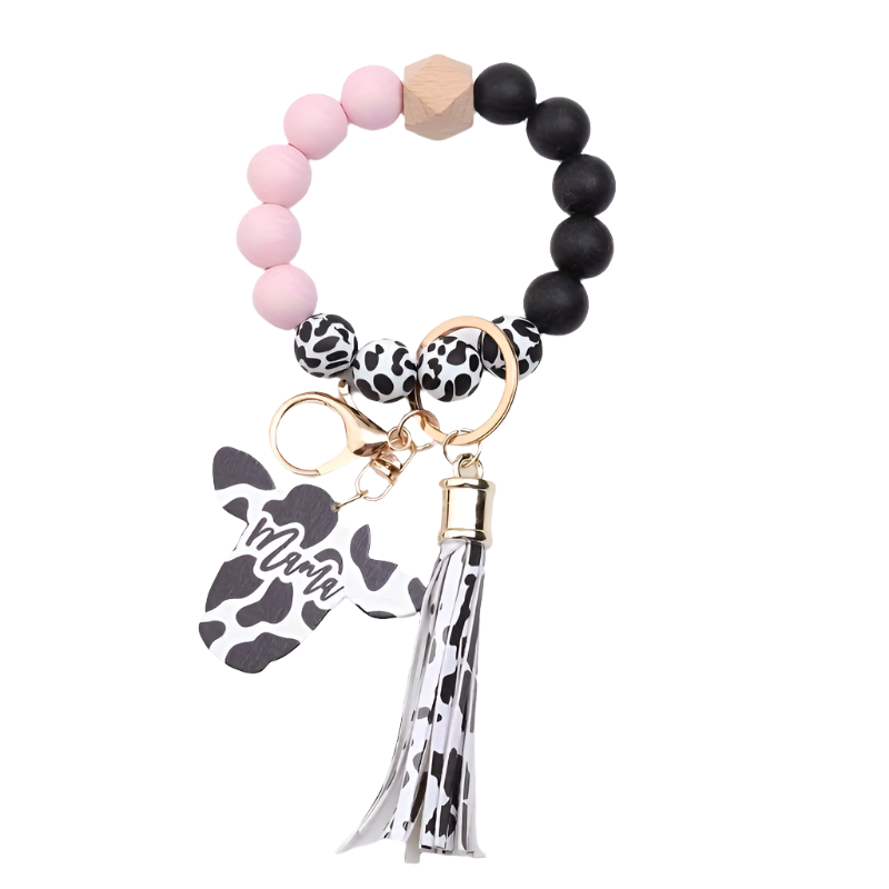 Hemasa Cow Head MAMA Silicone Beaded Bracelet Wristlet Keychain With Western Bangle Keychain
