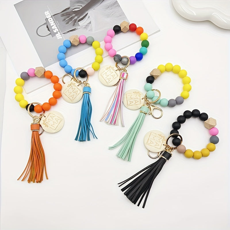 Chic Multicolor Silicone Beaded Keychain with Faux Leather Tassel & 'MAMA' Wooden Charm - Perfect Mother's Day Gift