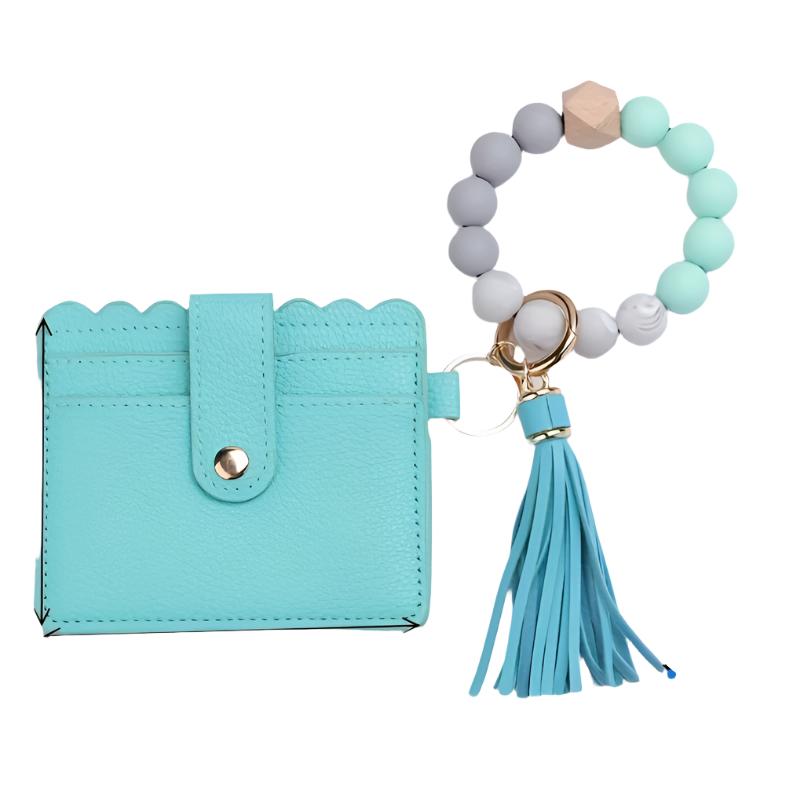 Hemasa Silicone Beaded Bracelet Wristlet Keychain With PU Leather Wallet Card Holder  /Bag Charm/ Phone Lanyard