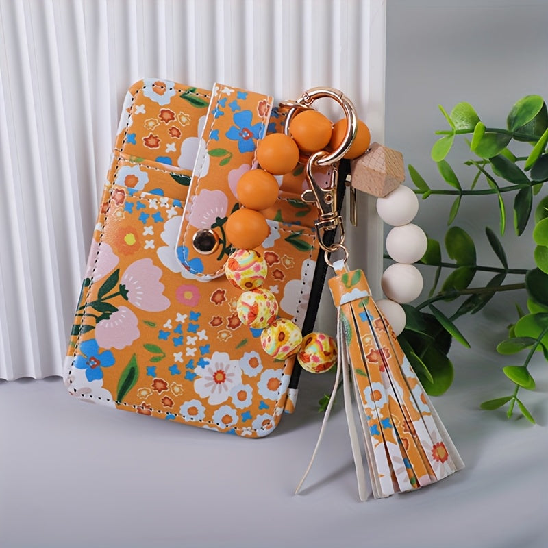 Chic Floral Print Faux Leather Wallet with Beaded Wristlet & Tassel Keychain - Silicone Bracelet Card Holder, Perfect Gift for Women