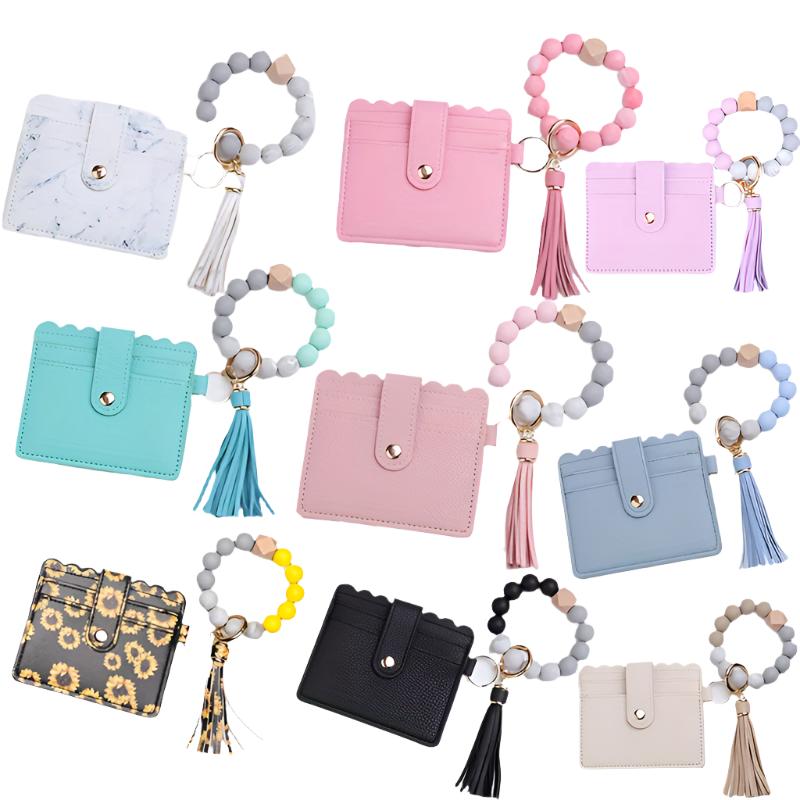 Hemasa Silicone Beaded Bracelet Wristlet Keychain With PU Leather Wallet Card Holder  /Bag Charm/ Phone Lanyard