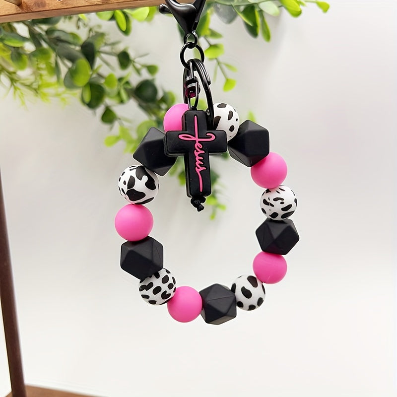 Silicone Bead Keychain, Western Cow Print, Cross & Geometric Charms, Unisex, Gift For Friends & Parents, Trendy Accessory