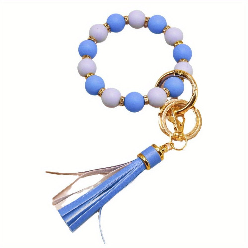 Chic Sunflower Silicone Bead Bracelet with Rhinestone Accents, Tassel Charm & Keychain - Fashionable Women's Accessory