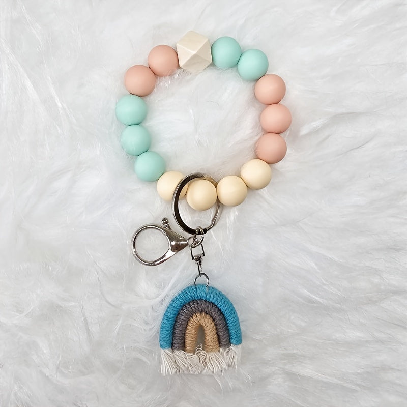 Hemasa 5pcs Silicone Beaded Keychain Set With Rainbow Tassel Charm