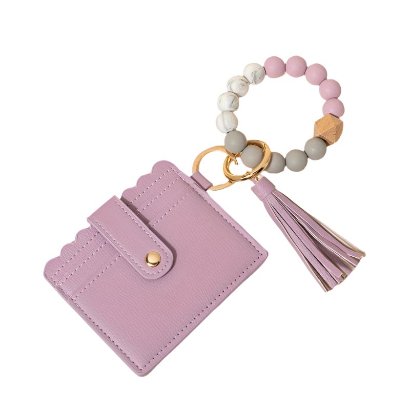 Hemasa Silicone Bead Bracelet Card Holder with PU Tassel Keychain