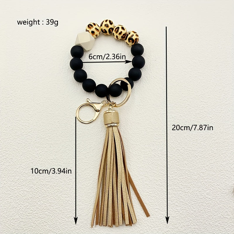 Hemasa Leopard Silicone Wooden Beaded Wristlet Keychain With PU Leather Tassel /Phone Lanyard Bangle Keychain