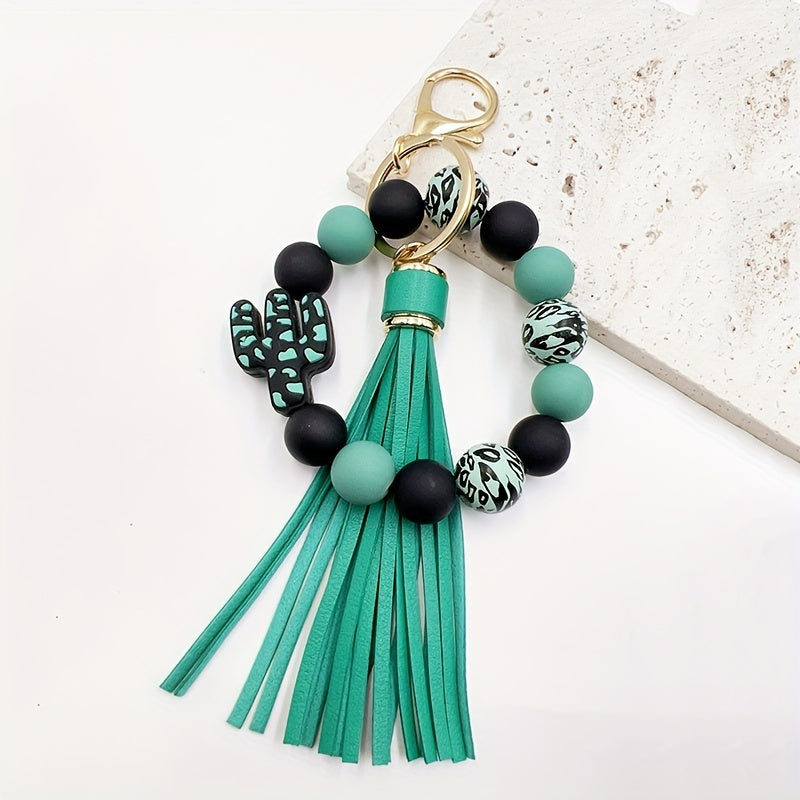 Chic Cactus-Themed Silicone Beaded Keychain with Tassel - Cartoon & Plant Design, Lobster Clasp Charm for Women, Cactus Decor