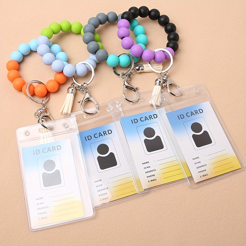 1pc Elastic Keychain Bracelet Wristband, Fashionable Silicone Beaded Keychain Bracelet, Tassel Keychain Bracelet Beaded Wristband Keychain Portable Home Car Key Ring Holder