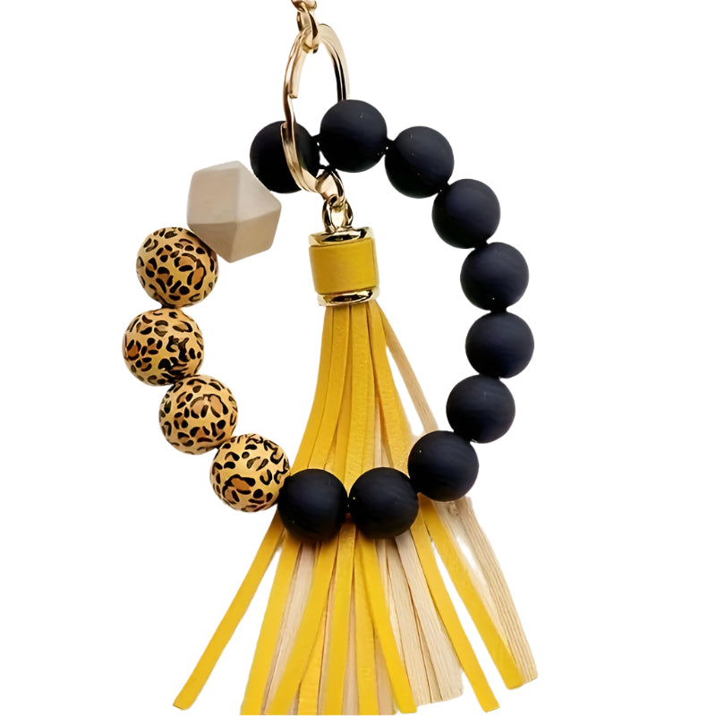 Hemasa Black Leopard White Bottom Wooden Beads Rubber Paint Round Beads PU Tassel Bangle Keychain