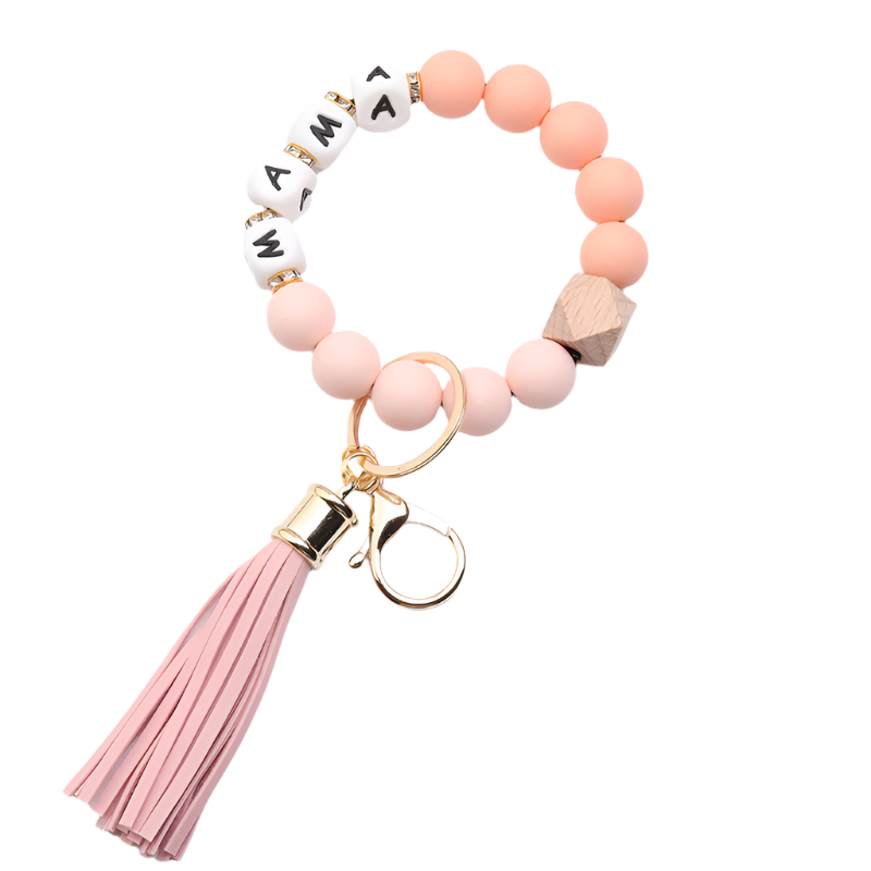 Hemasa MAMA Silicone Beaded Bracelet Keychain Tassel Key Ring/ Purse Bag/ Backpack Car Charm