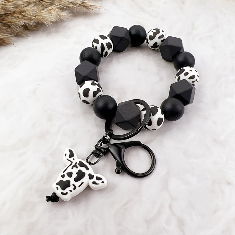 Silicone Bead Keychain, Western Cow Print, Cross & Geometric Charms, Unisex, Gift For Friends & Parents, Trendy Accessory