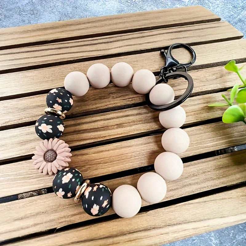 Bohemian Silicone Beaded Keychain, Sunflower And Daisy Print - Plant Theme Keychain with Lobster Clasp Women'S Bracelet Wristband Keychain Bag Pendant Keychain, a Great Gift for Friends