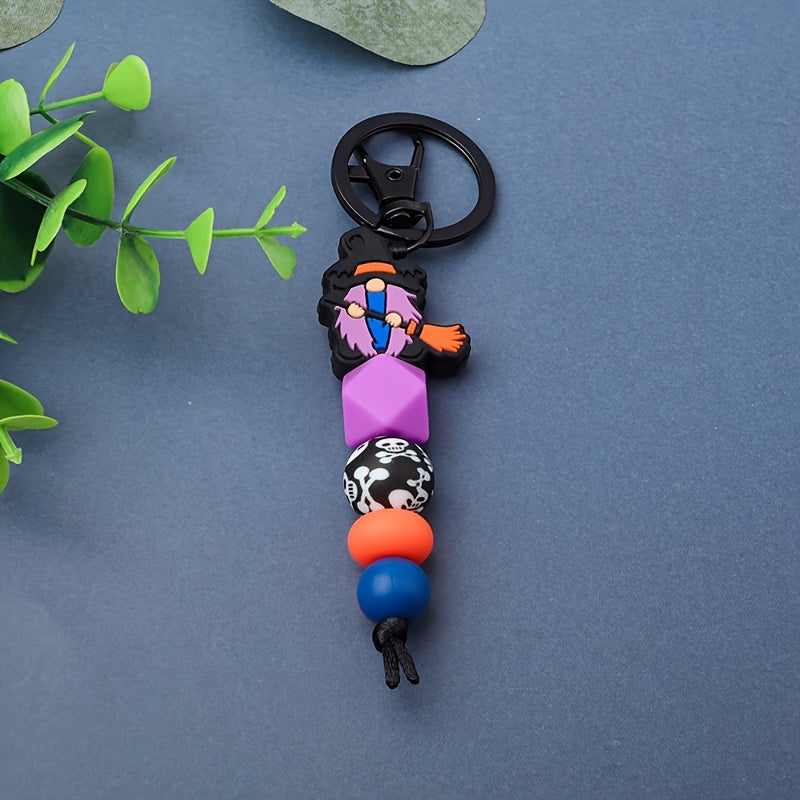 Halloween Witch Broom & Skull Silicone Beaded Keychain - Cartoon/Punk Style, Lobster Clasp, Fashionable Women's Accessory, Perfect Gift